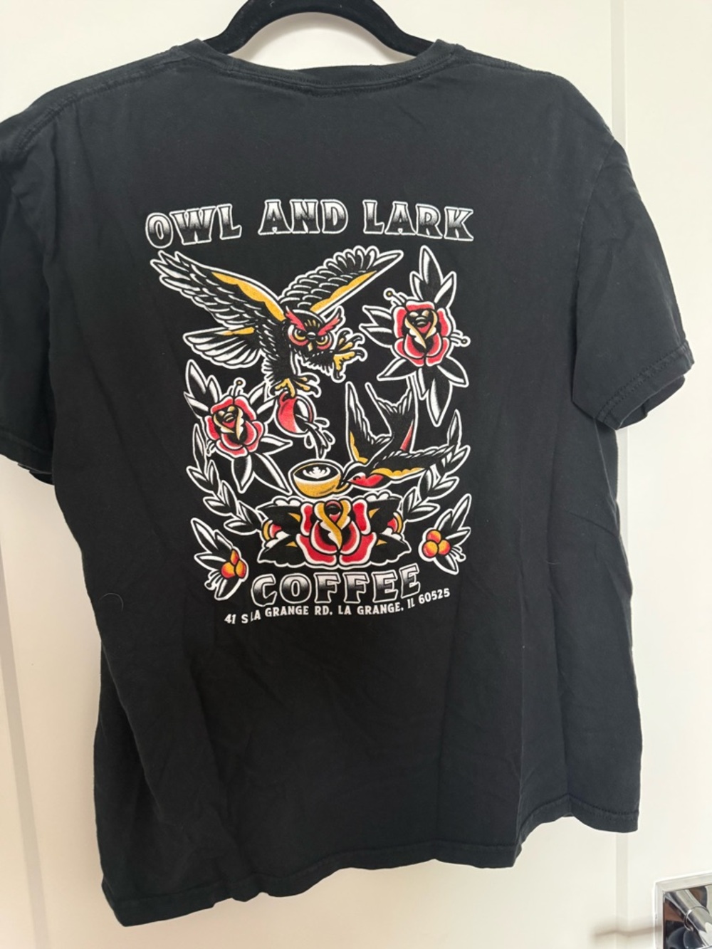 Gildan Black Tee with Owl and Lark Coffee Logo